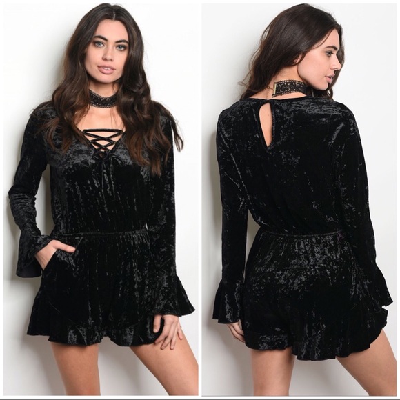 Romper Crushed Velvet Bell Sleeves Bohemian Festival Lace-Up Black S M L - Picture 3 of 3